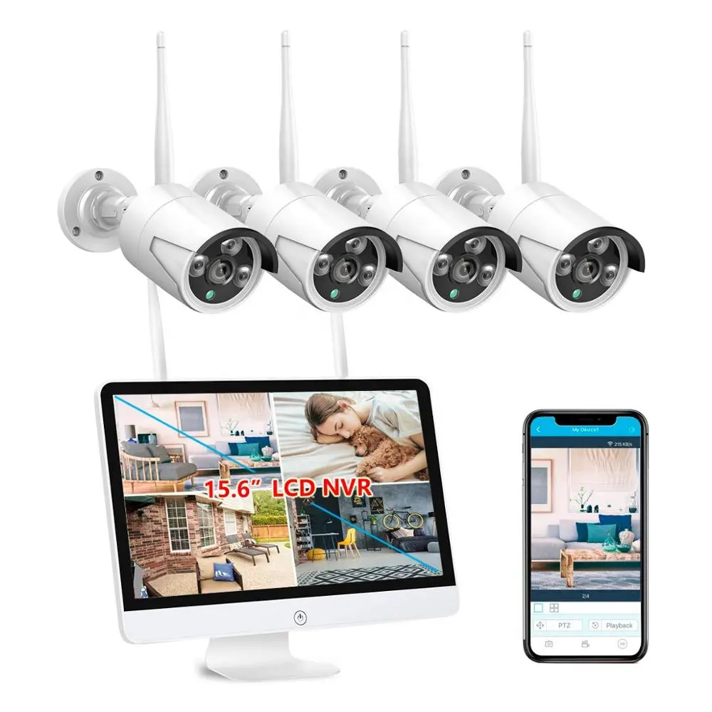 Strumento domestico fai da te schermo da 15.6 pollici Kit Wireless P2P 4CH 1080p con telecamera IP da 2mp tutto in un Kit nvr Wireless H.265