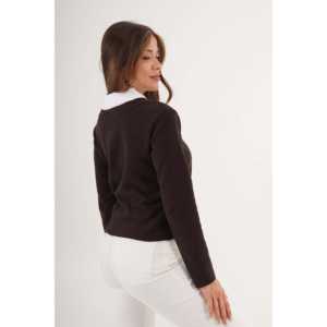 Chemisier à col tricoté marron pour femme, décontracté, pour tous les jours, avec contraste de couleurs - Product Image 1