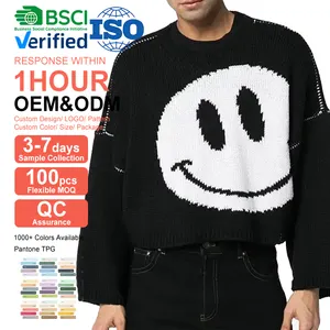 Logo personalizzato 100% lana vergine oversize girocollo ritagliata maglione da uomo pullover lavorato a maglia designer smiley intarsia maglione lavorato a maglia da uomo