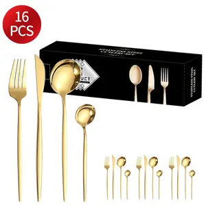 Wedding Gold Plated Flatware 18/8 Stainless Steel Cuttlery Set Restaurant Silverware 16PCS