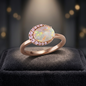 Rose <b>Gold</b> <b>Opal</b> <b>Ring</b> Oval Cut Pave Diamond Halo Women's Romantic Gemstone Engagement <b>Ring</b> - Product Image 2