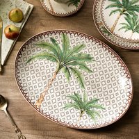 Service de table personnalisé en céramique avec motif palmier imprimé en tampon, bord brun, design unique, assiettes et bols pour la cuisine à domicile