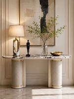 Console d'entrée de style italien, table d'appoint de salon, plateau en marbre, rangement ouvert, décorative et sophistiquée