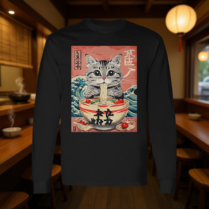 T-shirt à manches longues avec motif de chat mangeant des nouilles ramen, kawaii, anime, manga, nourriture japonaise - Product Image 3