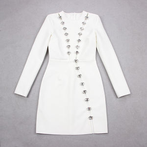 Vestido corto femenino <span class=keywords><strong>de</strong></span> <span class=keywords><strong>punto</strong></span> con manga larga, minivestido ajustado con cristales para mujer, color blanco - Product Image 4