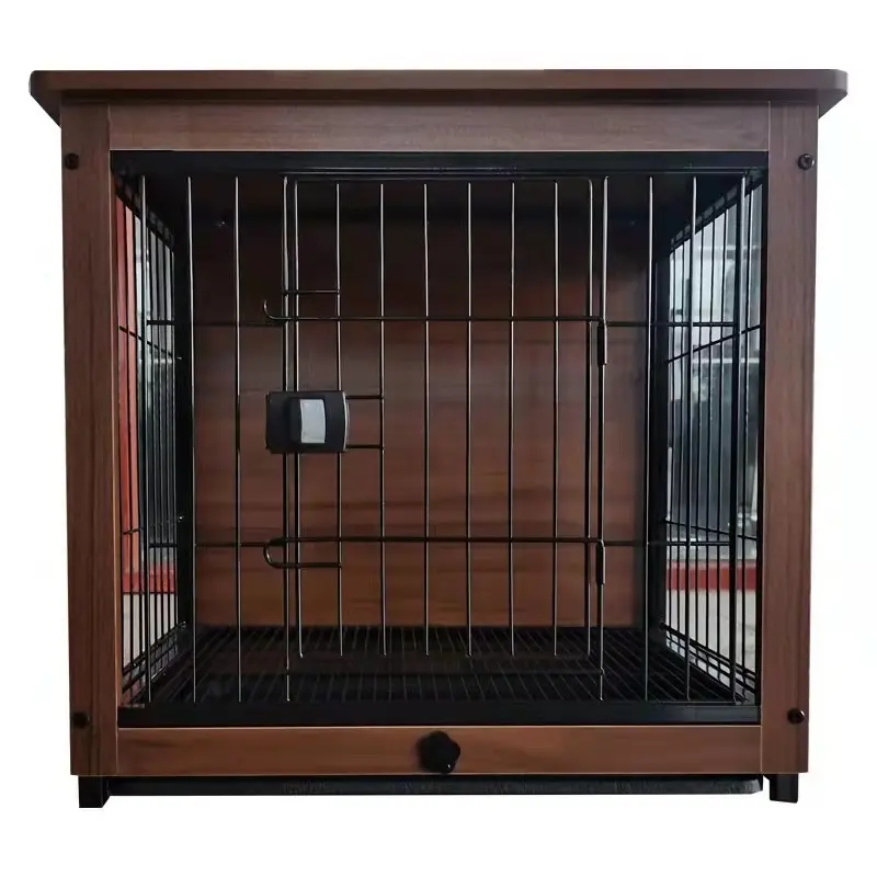 Özelleştirme boyutu ile ağır köpek kulübesi klasik demir siyah çift kapı köpek kafesi ahşap kafes
