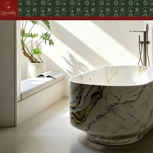 Bañera Ovalada Independiente de Mármol Dorado para Penthouse de Lujo GOLDKING, Borde Esculpido, OEM, CNC, Vetas Alineadas, Pulida - Product Image 4