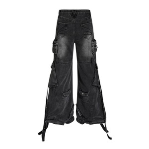 Pantalones Cargo de Mezclilla 100% Algodón, Estilo Vintage, Lavados, Transpirables, con Múltiples Bolsillos, Corte Holgado, Pierna Recta y Ancha, Estilo Hip Hop, Casuales - Product Image 2