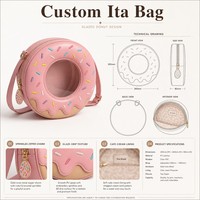 Sac Ita personnalisé en forme de donut glacé, mignon, rose fraise Kawaii, avec fenêtre transparente ronde et breloque confettis, cadeau pour les amateurs de desserts sucrés
