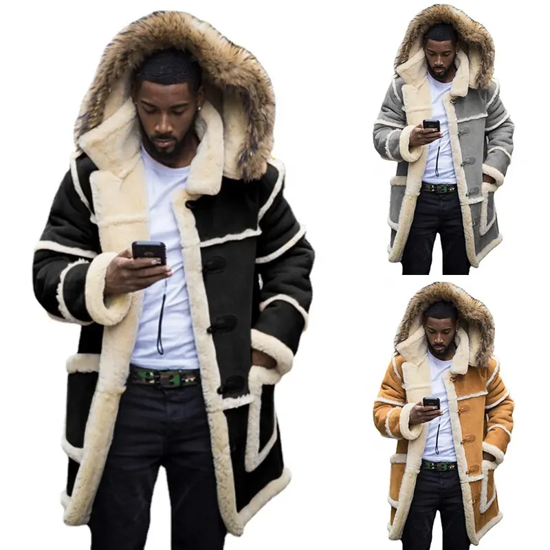 2022 New Winter Thick Coat Men Suede Faux Lamb Fur Hooded Jacket Warm Leather Trench Long Coats for Men with Plush Inside Parkas