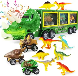 Mainan Dinosaurus Truk untuk Anak-anak 3-7 dengan Berkedip Lampu Musik dan Suara Raungan Menarik Kembali Dinosaurus Truk Pengangkut Set