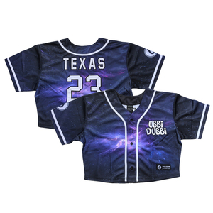 Maillot de <span class=keywords><strong>baseball</strong></span> personnalisé streetwear pour femme, coupe courte, violet dégradé, en twill, boutonné, par sublimation - Product Image 1