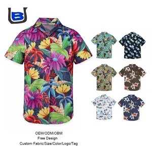 Desain gratis pabrik kustom seni musim panas kasual tropis lengan pendek bunga Kuba kerah Aloha pria dicetak pantai Hawaii kemeja