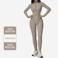 ELT9326 Combinaison de yoga respirante à manches longues pour femmes, avec coutures contrastées et fermeture à glissière sur le devant, combinaison de fitness et de gym grande taille