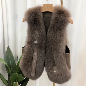 Wholesale Ladies Thick Warm Short Fur Waistcoat High Quality Custom Color Women Genuine Fox Fur and leather Vest