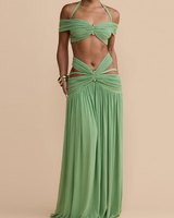 Ensemble deux pièces uni pour femme : Haut de bikini bandeau épaules dénudées et jupe – Tenue de plage élégante S-L
