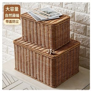 Caja de Almacenamiento Tejida Rectangular con Tapa, Organizador Ecológico para el Hogar, Imitación Ratán, Cesta de Almacenamiento para Dormitorio - Product Image 1