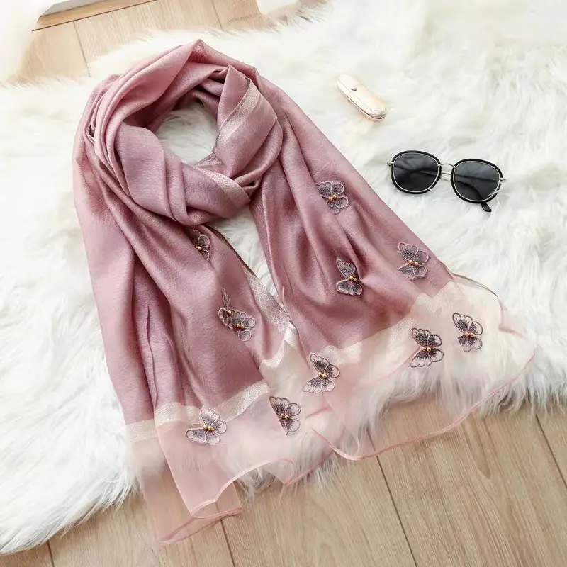 The latest design glitter scarf pearl printed cotton voile Chiffon embroidered butterfly 14 color chiffon scarf