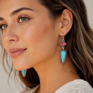 Pendientes Colgantes Creativos Vintage con Incrustaciones de Rojo y Turquesa, Nuevos Adornos Étnicos para Novias - Product Image 2