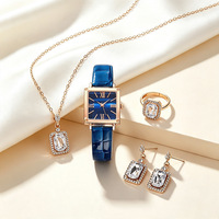 Ensemble de montres pour femmes tendance, cadran carré de 28 mm, quartz, bracelet en alliage PU, collier, bague, boucles d'oreilles en strass