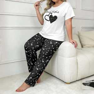 Ventes directes usine OEM – Ensemble pyjama décontracté respirant pour femme, imprimé cœurs, manches courtes et pantalon, grandes tailles, tenue d'intérieur - Product Image 2