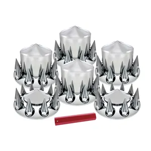 Chrome ABS 33 mm Thread-On Spiked Axle Cover Combo Kit with Removable Hub Caps and Lug Nut Covers for Semi Truck