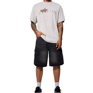 Men's Vintage <b>Black</b> Loose Light Washed <b>Denim</b> <b>Shorts</b> <b>High</b> <b>Waisted</b> Wide Leg 100% Cotton with Woven Craft Pocket Streetwear - Product Image 2