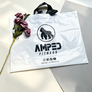 Waterproof Glossy White <b>Plastic</b> Shopping <b>Tote</b> Custom Black Logo Gym Clothing Store Packaging Bag - Product Image 5