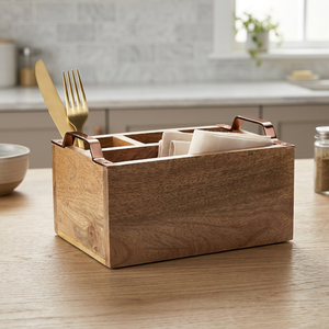 Cubo Cuadrado de Madera Ecológico y Duradero Hecho en India para Almacenamiento de Cubiertos, Servilletas y Artículos de Mesa, Tamaño Personalizable, Portátil y Decorativo - Product Image 1