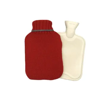 Water Injection 2L Rubber Hot Water Bottle with Red Knitted Cover, Water Bag for Pain Relief