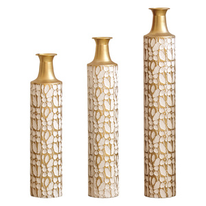 Ensemble de 3 vases décoratifs en métal, 24, 28 et 32,3 pouces, motif feuille d'or, blanc et or, grands vases sur pied pour la décoration de la maison et du salon - Product Image 2