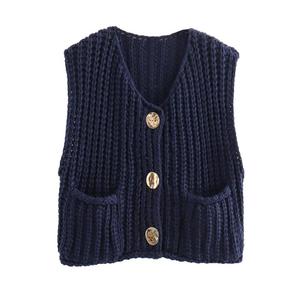 Chaleco de Punto con Botones de Color Sólido para Mujer, Chaleco de Punto con Cuello en V, Suéter sin Mangas, Tops de Moda Casual para Primavera y Otoño - Product Image 4