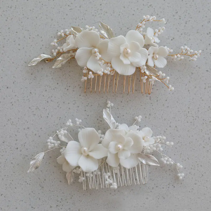 SLBRIDAL Crystal Rhinestone Freshwater Pearls Ceramic Flower Bridal Hair Comb Wedding Hair Accessories Bridesmaids Women Jewelry