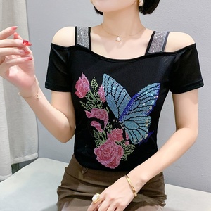 Hợp Thời Trang Cô Gái Đầy Màu Sắc Bướm Hoa TEE Tops Hot Ép Rhinestone Phụ Nữ Ngắn Tay Áo Ánh Sáng Sang Trọng Thoáng Khí Quần Áo T-Shirt - Product Image 1