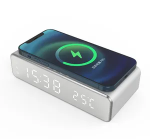 Pengisi daya nirkabel Desktop seluler multifungsi, dengan jam Alarm, pengisian daya nirkabel untuk ponsel dan Earphone