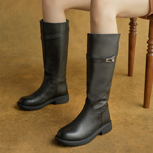 Botas de cuero genuino para mujer, botas planas hechas a mano para otoño e invierno, botas de moda ligeras y cómodas, botas de tubo tipo caballero - Product Image 2