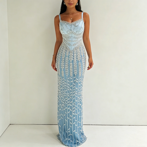 Robes pour femmes à bretelles spaghetti, col cœur, ornées <span class=keywords><strong>de</strong></span> perles et <span class=keywords><strong>de</strong></span> strass, motif feuille, coupe sirène ajustée, élégantes, formelles, longues - Product Image 1