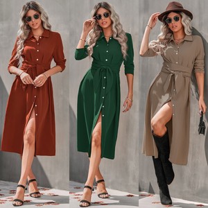 Fashion Summer Lady Elegant Solid Midi Eco-Friendly Breathable A-Line <b>Tie</b> Waist Casual Women's Dress - Product Image 2