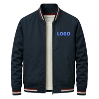 Blouson Bomber Homme Bleu Marine en Coton avec Logo Personnalisé, Impression Poitrine, Col, Poignets et Ourlet Côtelés Rayés, Fermeture Éclair Intégrale – Vente en Gros OEM Usine