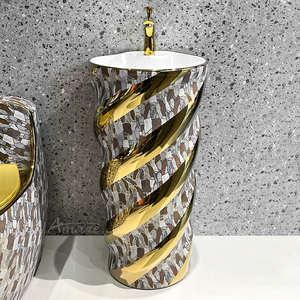 Lavabo de salle de bain en céramique moderne, en forme de cylindre rond sur piédestal, à poser au sol, ensemble de lavabo et de toilettes - Product Image 5