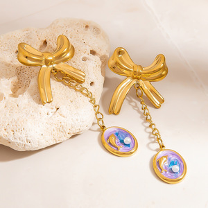 ต่างหูสแตนเลสทรงโบว์พร้อมจี้รูปมหาสมุทรสำหรับผู้หญิง เครื่องประดับแฟชั่น - Product Image 3