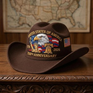 Chapeau de cowboy vintage style western USA, broderie Aigle Cloche de la Liberté, drapeau, 250e anniversaire, style patriotique, casquette de cowboy en feutre - Product Image 5