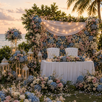 Ensemble complet de décoration de mariage côtier Hortensia Bleu Poussiéreux, comprenant arche en mousseline transparente, centre de table pour allée, toile de fond florale, vente en gros OEM
