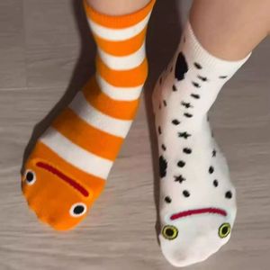 Cute Cartoon Garden Eel Crew <b>Socks</b> Breathable Women's Mid-Calf Anime Style <b>Orange</b> White Striped Pattern Youth Fashion - Product Image 1