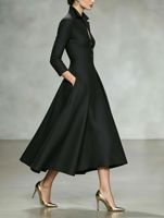 Gaun Wanita Kerah V Lengan Panjang Model Fitted Waist Flared Swing Dengan Saku Samping Gaun Kantor Elegan Warna Sesuai Pesanan ODM/OEM