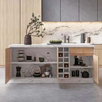 Îlot de cuisine moderne sur mesure avec comptoir en quartz, casier à vin, tiroir, armoire de rangement et bandes lumineuses LED