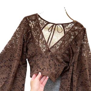 <span class=keywords><strong>Blusa</strong></span> Sexy de Encaje para Mujer, Elegante, Cuello en V, Manga Larga Abullonada, <span class=keywords><strong>Espalda</strong></span> Descubierta, Top Corto, Camisa para Mujer - Product Image 5