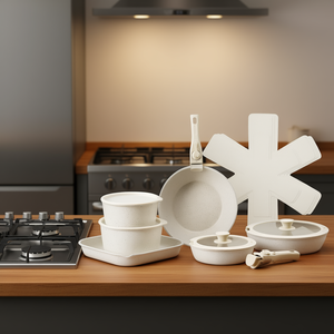 White Granite Nonstick Aluminum <b>Cookware</b> Set 17 Piece Induction Gas Compatible Pots And Pans With Glass Lids Oven Safe - Product Image 2