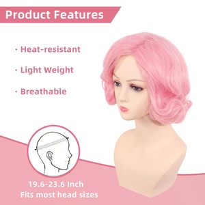 Nouvelle arrivée <span class=keywords><strong>Perruque</strong></span> synthétique ondulée style années <span class=keywords><strong>80</strong></span> chic rétro rose pour <span class=keywords><strong>femme</strong></span>, style doux et mignon, pour fête d'Halloween - Product Image 3