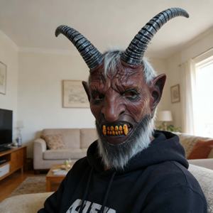 Máscara de Látex Clásica Estilo <span class=keywords><strong>Demonio</strong></span> del Oeste para Fiesta de Halloween con <span class=keywords><strong>Cuernos</strong></span>, Piel Arrugada Roja, Colmillos Amarillos y Barba Blanca - Product Image 4